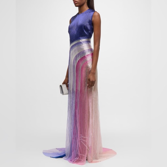 GEORGES HOBEIKA Multicolor Beaded Tulle Sleeveless Train Gown Maxi Dress - Picture 2 of 13